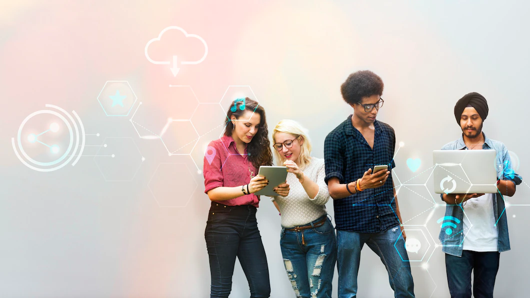 diverse friends using digital devices 53876 96880